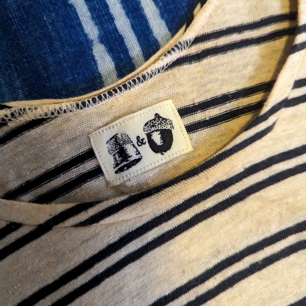 Elbow length blue and cream striped shirt. Small.